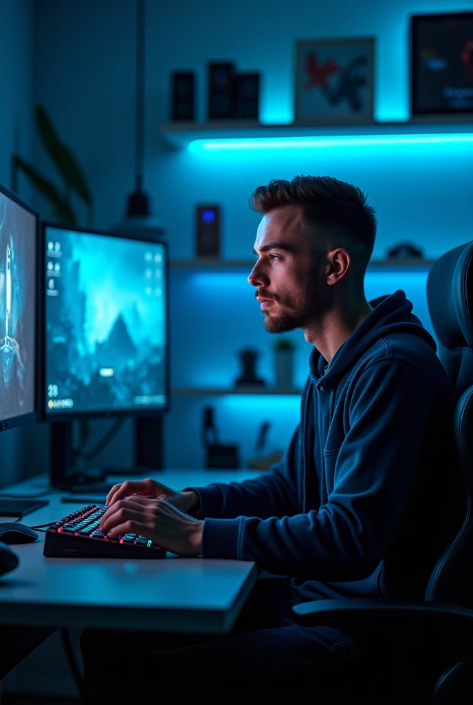A handsome man around 2 in a modern gaming room illuminated by blue LEDs. He is sitting in front of a gaming desk, focused on the screen, with a detailed and well-lit environment quality 4k realistic