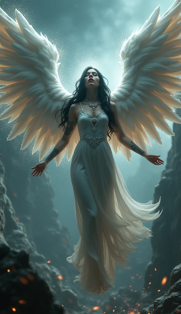 (Realistic picture, highest resolution, 16ก), (A demon with wide wings and immense power on her shoulders., Twelve wings on the shoulders., Bat Wingsสีดำ 3 อัน:1.5 , 3 white angel wings:1.5), Has 100 wings on the shoulders, There are 1000 wings that flow., Twelve wings on the shoulders., Bat Wingsดำ:1.3 white angel wings:1.5), 6 angel wings, 6 devil wings, (Beautiful girl with two meter long hair, Shiny black hair, Smooth white skin, Lips are very red.), ((stand, already)), (big breasts, big tits), (gigantic breast, breast augmentation, Breast 400 cc., small waist, hips raised, small thighs, Long legs), (dynamic poses), (Armor that slightly conceals the body), Separate theme, (Angel wings and devil wings), floating in the air above the ground, background darkness, Embraced with twelve wings, The horns that grow from the head are like a crown., He who has light, wears little armor, There is power coming out of the body., sparkling wings, white light black light, amazing wings, beautiful gesture, 8K resolution, Resolution 4000 x 2250 pixels, beautiful gesture, Angel wings and devil wings, (Realistic picture, highest resolution, 16K), (A demon god with wide wings and enormous power on his shoulders.., Twelve wings on the shoulders., Bat Wings, (RAW shooting:1.5, realistic:1.5, dark fantasy:1.5, 8ก), (Highest quality, Masterpiece, Ultra high resolution), Demon World, ((Perfect dynamic composition:1.7, Detailed tattoos all over the body:1.6, Wear exquisite jewelry:1.6)), Highly detailed skin and facial features:1.3, Details of the limbs, (A sexy succubus with big wings.:1.3, beautiful and beautiful:1.3), chaos, (Wear shoulder-length clothing correctly.:1.3), big breastsที่กำลังจะระเบิด, Don't show your nipples, ช่องว่างbig breasts, (The expression on your face when you feel a strong touch., Facial expressions when feeling pleasure, A look sunk in joy), beautiful blue eyes, Eyes that give a feeling of elegance and beauty, sexy face, Blush, (Too erotic and cute:0.9, Fascinating:0.9), (An incomprehensible amount of fluid flows throughout the body., Six pairs of large wings, Large devil wings, The size of the devil's wings, Amazing wings, The bloodline of the gods and demons is strong., Wings are wide and overflowing the screen, Act like you're bigger than the mountain, Towering over mountains and rivers, The devil beneath your feet