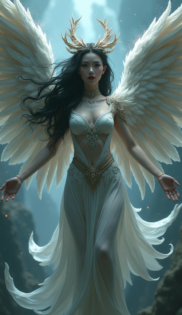 (Realistic picture, highest resolution, 16ก), (A demon with wide wings and immense power on her shoulders., Twelve wings on the shoulders., Bat Wingsสีดำ 3 อัน:1.5 , 3 white angel wings:1.5), Has 100 wings on the shoulders, There are 1000 wings that flow., Twelve wings on the shoulders., Bat Wingsดำ:1.3 white angel wings:1.5), 6 angel wings, 6 devil wings, (Beautiful girl with two meter long hair, Shiny black hair, Smooth white skin, Lips are very red.), ((stand, already)), (big breasts, big tits), (gigantic breast, breast augmentation, Breast 400 cc., small waist, hips raised, small thighs, Long legs), (dynamic poses), (Armor that slightly conceals the body), Separate theme, (Angel wings and devil wings), floating in the air above the ground, background darkness, Embraced with twelve wings, The horns that grow from the head are like a crown., He who has light, wears little armor, There is power coming out of the body., sparkling wings, white light black light, amazing wings, beautiful gesture, 8K resolution, Resolution 4000 x 2250 pixels, beautiful gesture, Angel wings and devil wings, (Realistic picture, highest resolution, 16K), (A demon god with wide wings and enormous power on his shoulders.., Twelve wings on the shoulders., Bat Wings, (RAW shooting:1.5, realistic:1.5, dark fantasy:1.5, 8ก), (Highest quality, Masterpiece, Ultra high resolution), Demon World, ((Perfect dynamic composition:1.7, Detailed tattoos all over the body:1.6, Wear exquisite jewelry:1.6)), Highly detailed skin and facial features:1.3, Details of the limbs, (A sexy succubus with big wings.:1.3, beautiful and beautiful:1.3), chaos, (Wear shoulder-length clothing correctly.:1.3), big breastsที่กำลังจะระเบิด, Don't show your nipples, ช่องว่างbig breasts, (The expression on your face when you feel a strong touch., Facial expressions when feeling pleasure, A look sunk in joy), beautiful blue eyes, Eyes that give a feeling of elegance and beauty, sexy face, Blush, (Too erotic and cute:0.9, Fascinating:0.9), (An incomprehensible amount of fluid flows throughout the body., Six pairs of large wings, Large devil wings, The size of the devil's wings, Amazing wings, The bloodline of the gods and demons is strong., Wings are wide and overflowing the screen, Act like you're bigger than the mountain, Towering over mountains and rivers, The devil beneath your feet