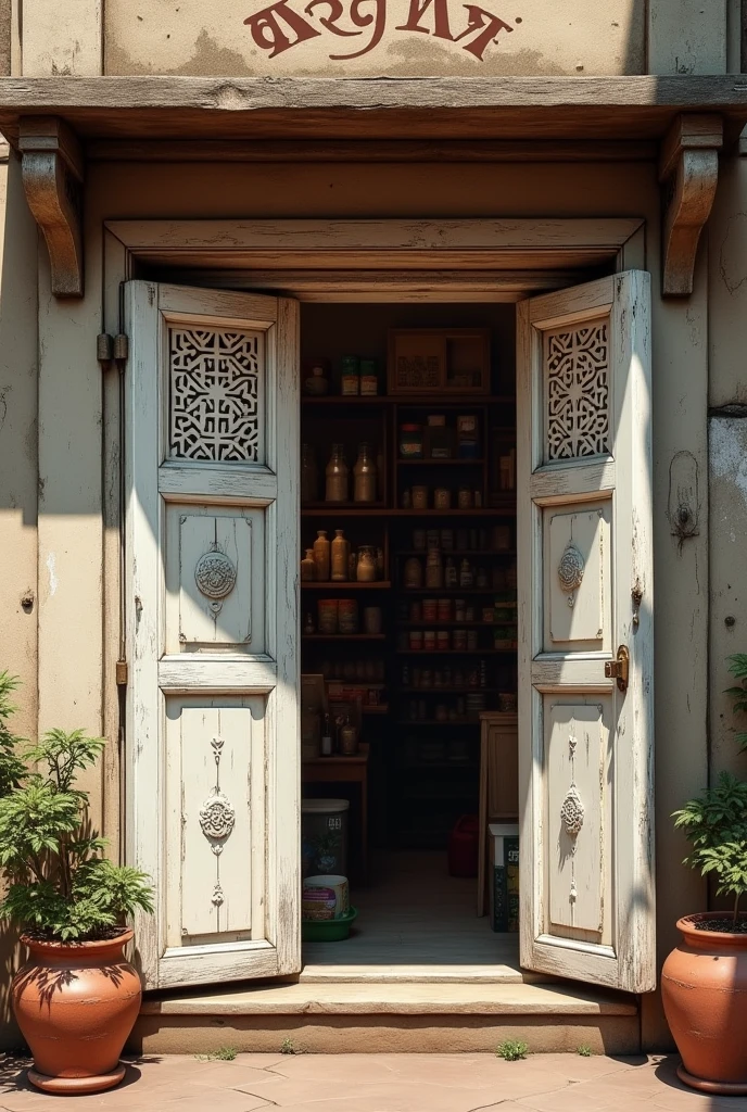 Old traditional Indian Grocery Shop With White oil painted Wooden foldable doors