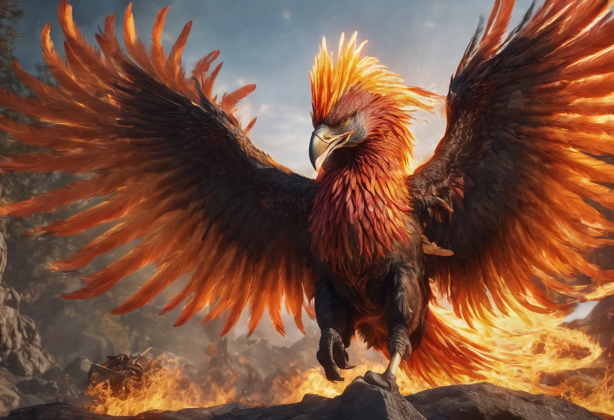 A magnificent phoenix, flaming feathers, exquisite long flaming tail feathers, phoenix breathing fire, orc war band, scrap armor, riding wargs, (best quality,4k,8k,highres,masterpiece:1.2),ultra-detailed,(realistic,photorealistic,photo-realistic:1.37),HDR,UHD,studio lighting,ultra-fine painting,sharp focus,physically-based rendering,extreme detail description,professional,vivid colors,bokeh,fantasy,epic,dramatic lighting,cinematic