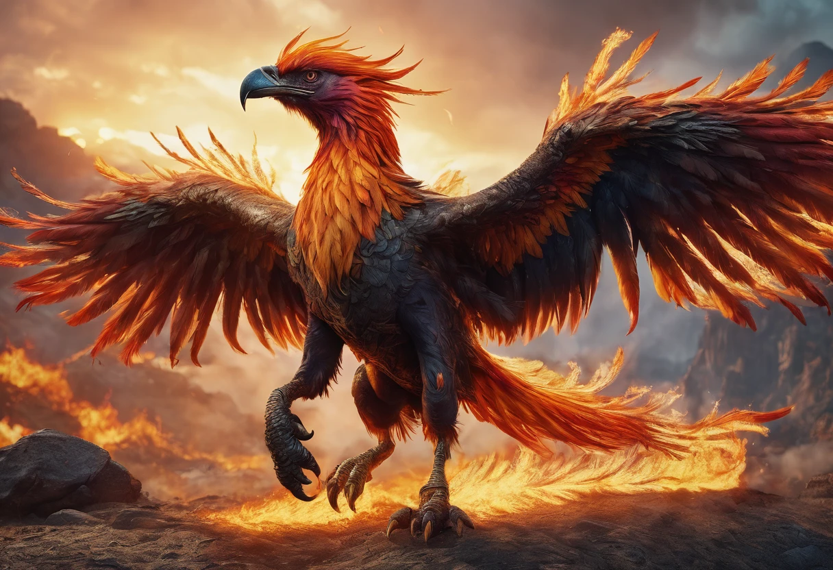 A magnificent phoenix, flaming feathers, exquisite long flaming tail feathers, phoenix breathing fire, orc war band, scrap armor, riding wargs, (best quality,4k,8k,highres,masterpiece:1.2),ultra-detailed,(realistic,photorealistic,photo-realistic:1.37),HDR,UHD,studio lighting,ultra-fine painting,sharp focus,physically-based rendering,extreme detail description,professional,vivid colors,bokeh,fantasy,epic,dramatic lighting,cinematic
