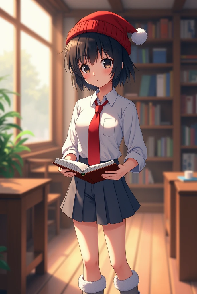 Adult anime girl, short black hair, slightly sharp black eyes, wearing white shirt, red tie, gray blue short shorts , white fur socks, Japanese school shoes Ban, red beanie, holding a book, shy, in the library