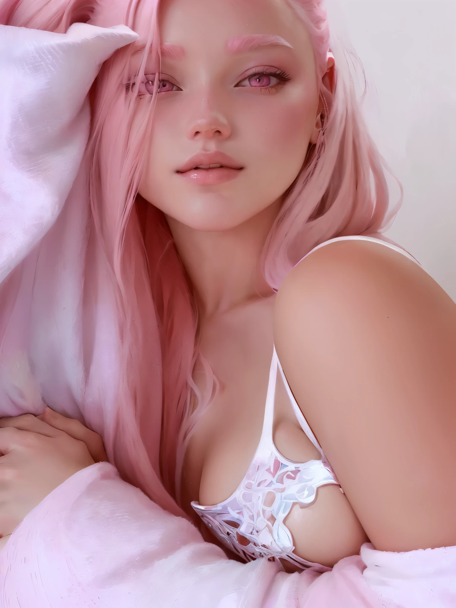 araffed woman with pink hair and white lingers in a white robe, with pink hair, long flowing pink hair, long pink hair, long pointed pink nose, some pink, pink smooth fur, beautiful dolphin, soft and pink skin, pastel pink, 1, pink girl, thick lips, flowing pink hair, pink face, pink lips