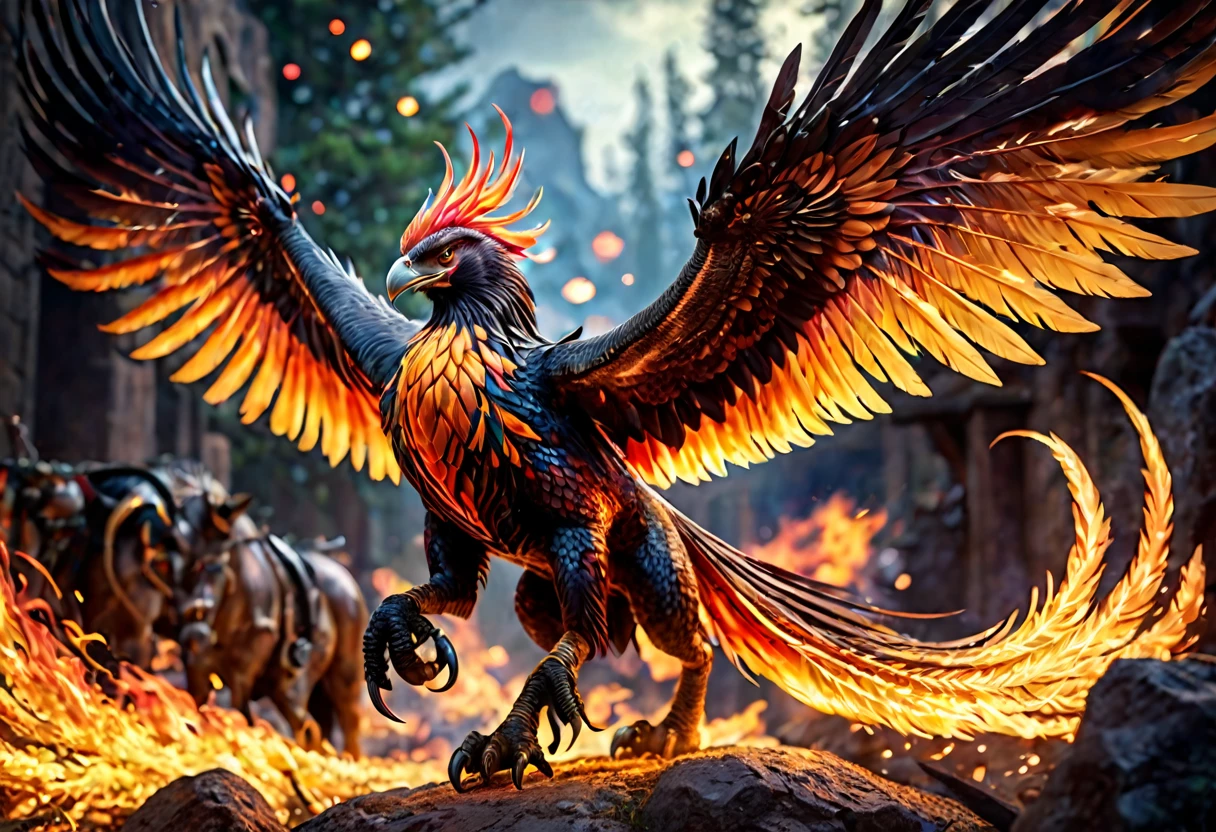 A magnificent phoenix, flaming feathers, exquisite long flaming tail feathers, phoenix breathing fire, orc war band, scrap armor, riding wargs, (best quality,4k,8k,highres,masterpiece:1.2),ultra-detailed,(realistic,photorealistic,photo-realistic:1.37),HDR,UHD,studio lighting,ultra-fine painting,sharp focus,physically-based rendering,extreme detail description,professional,vivid colors,bokeh,fantasy,epic,dramatic lighting,cinematic