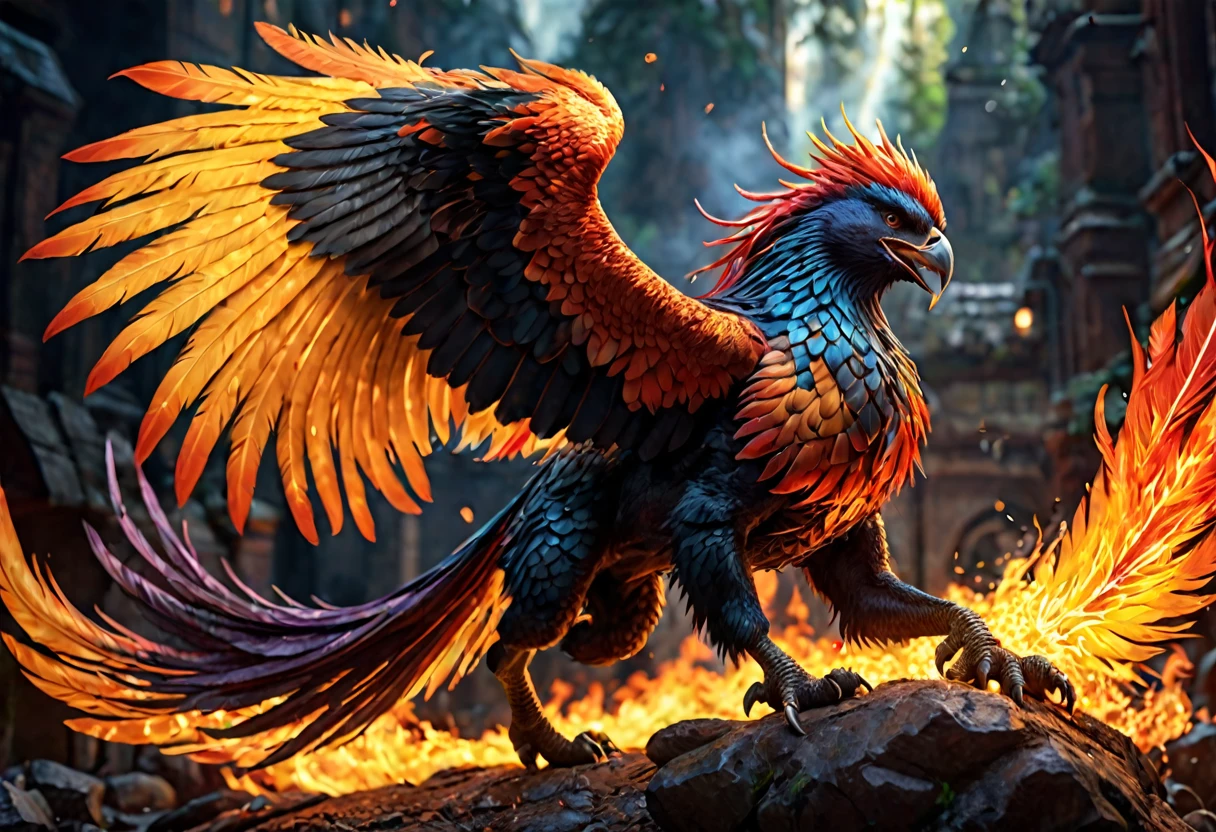 A magnificent phoenix, flaming feathers, exquisite long flaming tail feathers, phoenix breathing fire, orc war band, scrap armor, riding wargs, (best quality,4k,8k,highres,masterpiece:1.2),ultra-detailed,(realistic,photorealistic,photo-realistic:1.37),HDR,UHD,studio lighting,ultra-fine painting,sharp focus,physically-based rendering,extreme detail description,professional,vivid colors,bokeh,fantasy,epic,dramatic lighting,cinematic