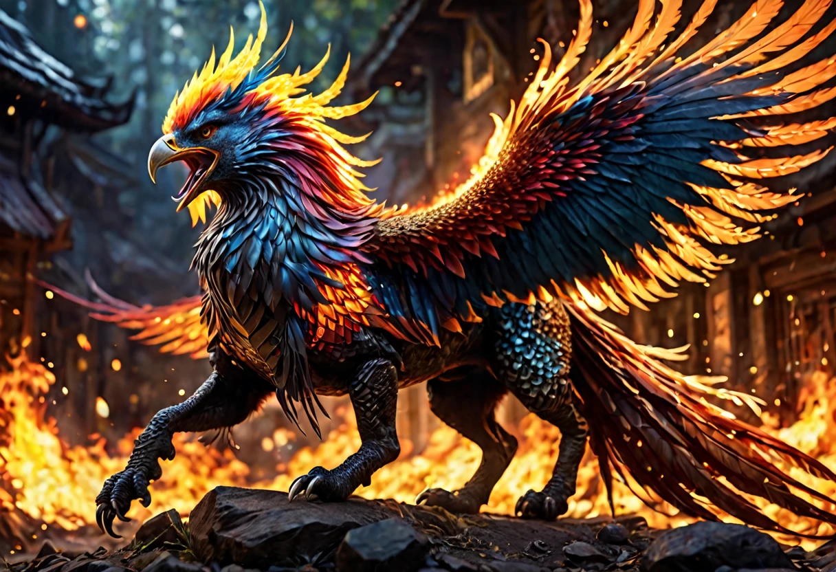 A magnificent phoenix, flaming feathers, exquisite long flaming tail feathers, phoenix breathing fire, orc war band, scrap armor, riding wargs, (best quality,4k,8k,highres,masterpiece:1.2),ultra-detailed,(realistic,photorealistic,photo-realistic:1.37),HDR,UHD,studio lighting,ultra-fine painting,sharp focus,physically-based rendering,extreme detail description,professional,vivid colors,bokeh,fantasy,epic,dramatic lighting,cinematic
