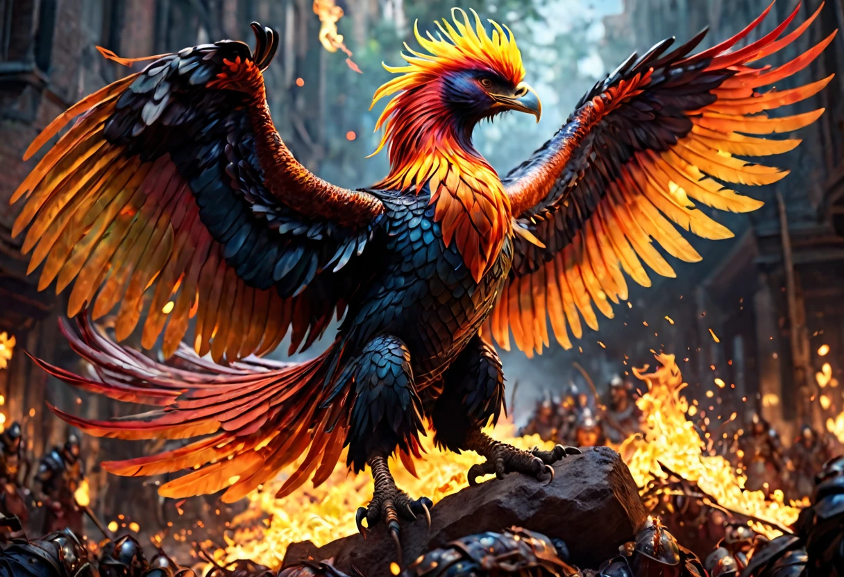 A magnificent phoenix, flaming feathers, exquisite long flaming tail feathers, phoenix breathing fire, orc war band, scrap armor, riding wargs, (best quality,4k,8k,highres,masterpiece:1.2),ultra-detailed,(realistic,photorealistic,photo-realistic:1.37),HDR,UHD,studio lighting,ultra-fine painting,sharp focus,physically-based rendering,extreme detail description,professional,vivid colors,bokeh,fantasy,epic,dramatic lighting,cinematic