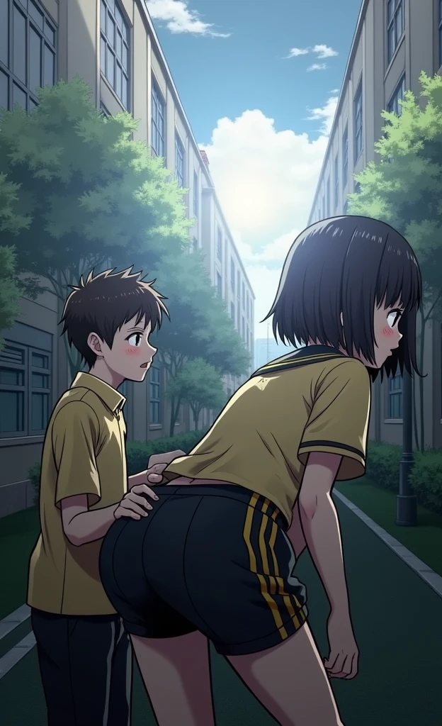 It generates an image of a girl with short hair that reaches her shoulders and a yellow shirt with black stripes on the short sleeves of the uniform with black physical education shorts and she bends down and looks at herself from behind very sexy seen from behind with her black shorts made of synthetic material with yellow stripes on the sides, a big ass seen from behind picking up a book looking down with her head forward and a boy looks at her sexily from behind watching her picking up her books and the boy squeezes her buttock and the girl gets excited and looks at him blushing and puts her butt on his crotch sexily while she smiles mischievously while grabbing her crotch and a boy blushes a lot when he sees her in the yard from behind and tries to lift her blouse