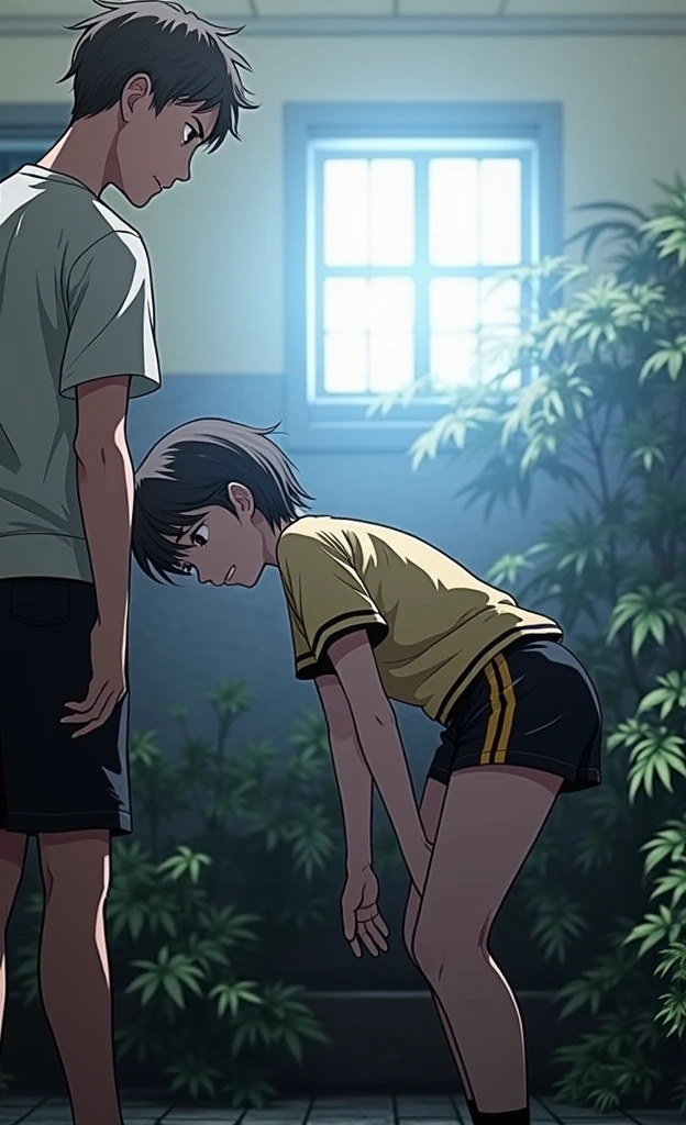 It generates an image of a girl with short hair that reaches her shoulders and a yellow shirt with black stripes on the short sleeves of the uniform with black physical education shorts and she bends down and looks at herself from behind very sexy seen from behind with her black shorts made of synthetic material with yellow stripes on the sides, a big ass seen from behind picking up a book looking down with her head forward and a boy looks at her sexily from behind watching her picking up her books and the boy squeezes her buttock and the girl gets excited and looks at him blushing and puts her butt on his crotch sexily while she smiles mischievously while grabbing her crotch and a boy blushes a lot when he sees her in the yard from behind and tries to lift her blouse