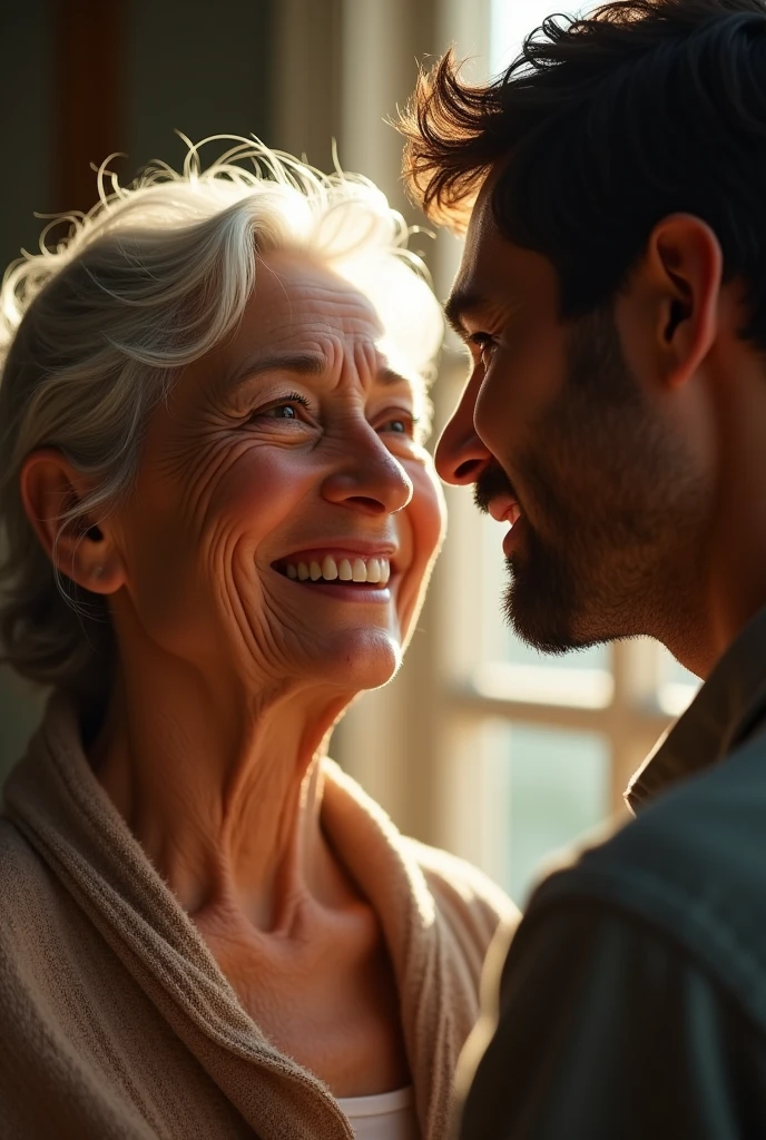 **Visual 4:**
- *Description:* The elderly woman smiles warmly at the young man, expressing her gratitude. Her eyes convey warmth and sincerity as she says, "বাবা, তোমার মতো ছেলে থাকলে মোবাইল ফোনের দুনিয়া ছেড়ে আসা যেত!"
- *Focus:* Close-up of the elderly woman’s face, showing her appreciation and the young man smiling in response.
