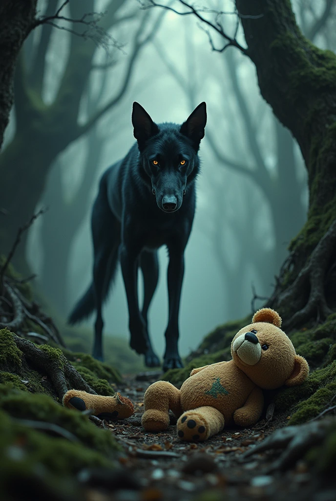The long black dog walked into the forest and left a brown teddy bear lying here with missing limbs scattered around.