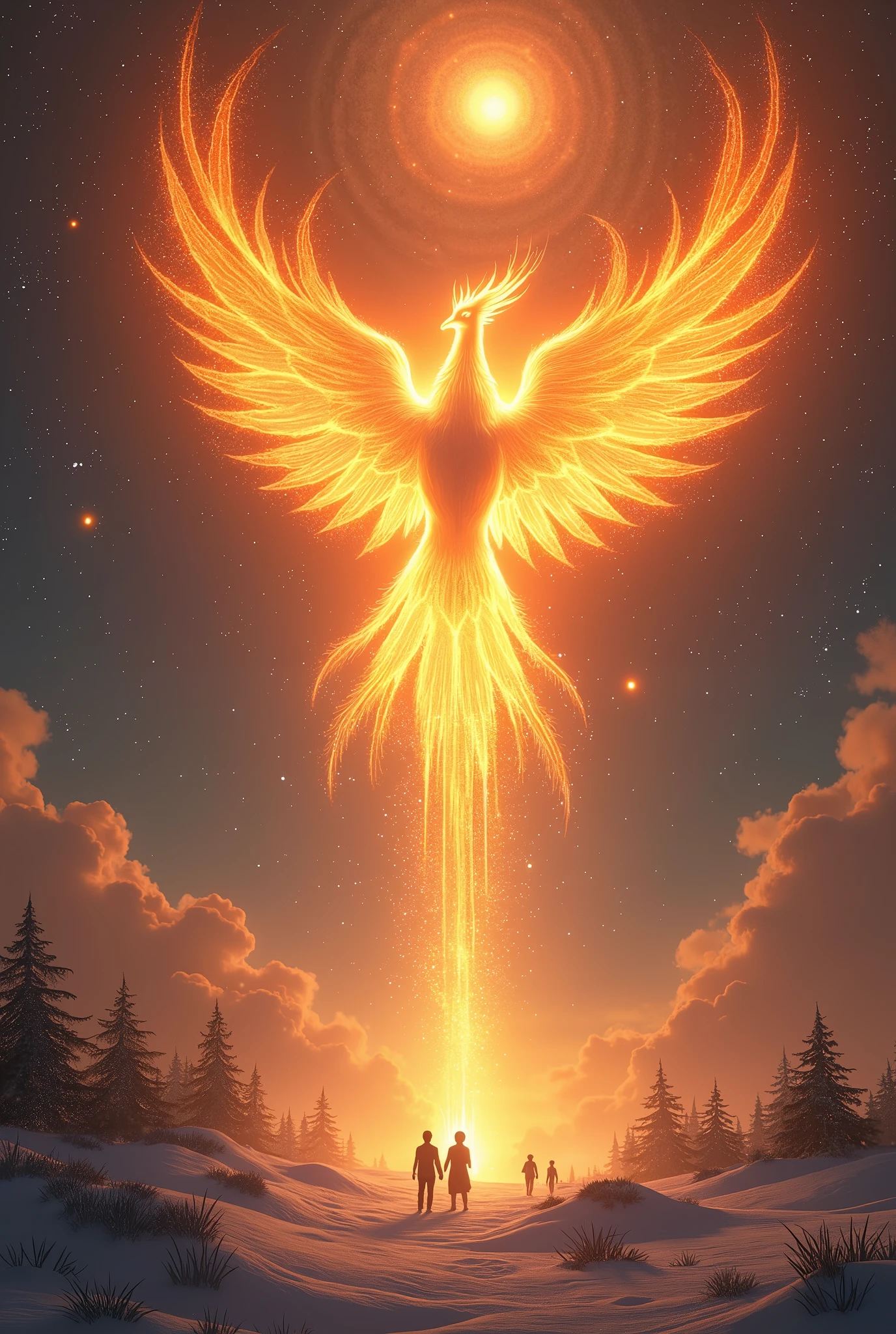 ((best quality)), ((masterpiece)), (detailed),8k , In a distant galaxy, where the birth and death of stars repeated endlessly, there existed a massive vortex of energy known as the Cosmic Magma Pool. This vortex was an infinite source of power, consuming and creating everything in its path.
One day, from the very heart of this vortex, an unbelievably beautiful Phoenix was born. The Phoenix had wings ablaze with fire, and the light emanating from its entire being was so radiant that it outshone even the stars. In that moment, the entire universe seemed to celebrate its birth, with a resounding sound echoing to the farthest reaches of the galaxy.
The Phoenix spread its magnificent wings and attempted its first flight. With every beat of its wings, the space around it was bathed in a gentle, warm light. Wherever the Phoenix flew, this light nurtured life, healed sorrows, and brought warmth to the hearts of all who witnessed it.
On a distant planet, there was a small village. The village had been locked in a long, harsh winter, where crops failed to grow, and the villagers were on the brink of losing all hope. But one night, a trail of light appeared in the sky. It was the Phoenix, soaring above the village. As the bird passed by, the entire village was enveloped in a golden glow, banishing the darkness of night and bringing warmth to the cold air.
The next morning, the villagers were greeted with a miraculous sight. Crops began to sprout once more, the ice had melted, and the long winter had finally ended. The villagers rejoiced, offering prayers of gratitude to the Phoenix. From then on, the Phoenix continued its journey across the universe, spreading its light of happiness wherever it went.
The Phoenix’s journey is eternal. With every flap of its wings, new hope and joy are born, nurturing life in every corner of the cosmos. Its light will never fade, endlessly bringing happiness to all who encounter it.