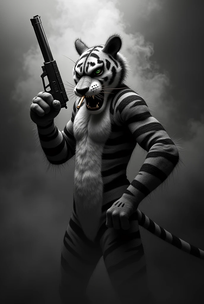  Bad Tigger with a gun and cigarettes and lots of black and white smoke 