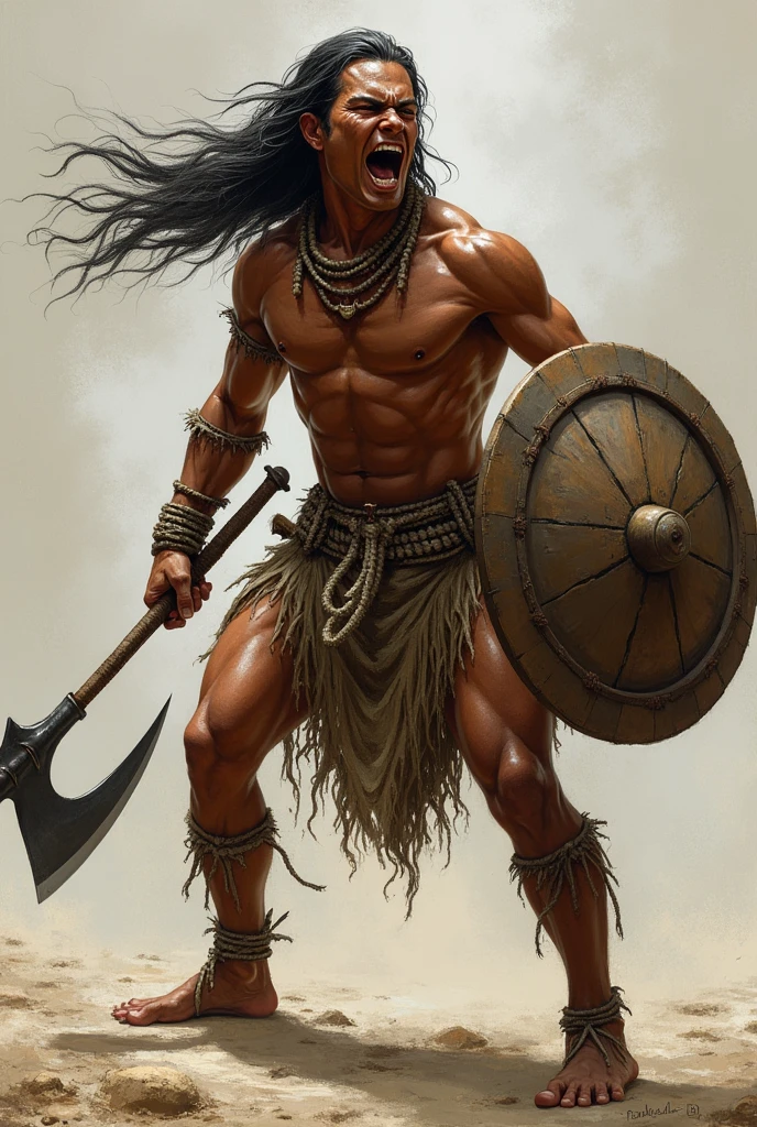Long hair Filipino igorot in his traditional weaved cloth igorot attire but no accessories, fighting position facing 3/4 left holding bolo and shield, open mouth shouting