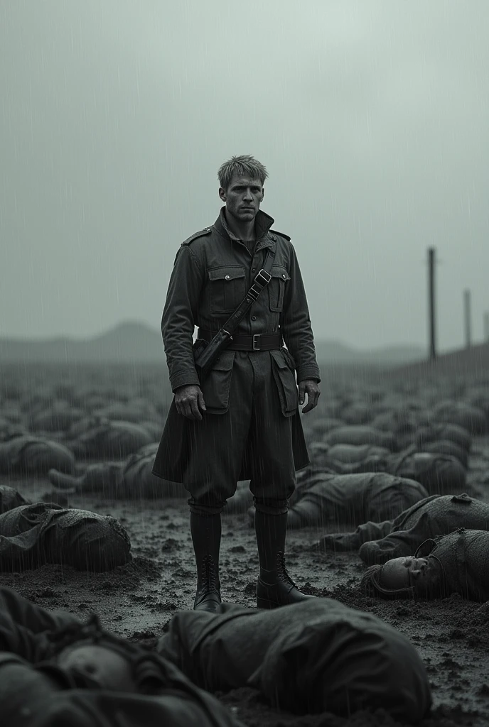 A blond-haired man who is on the battlefield alone and is scattered with the bodies of soldiers and it is raining. The man looks exhausted.