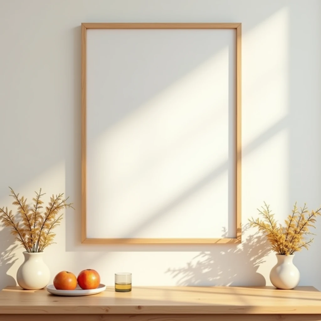Generate a cozy kitchen or dining room scene with a DIN A ratio frame hanging on a light-colored wall. The frame has a light wooden border, and its canvas is blank and white. Below the frame is a wooden table with a bowl of fresh fruit, a glass, and a vase of flowers. The natural light filters softly into the room, highlighting the simple yet inviting decor, creating a warm and homey atmosphere