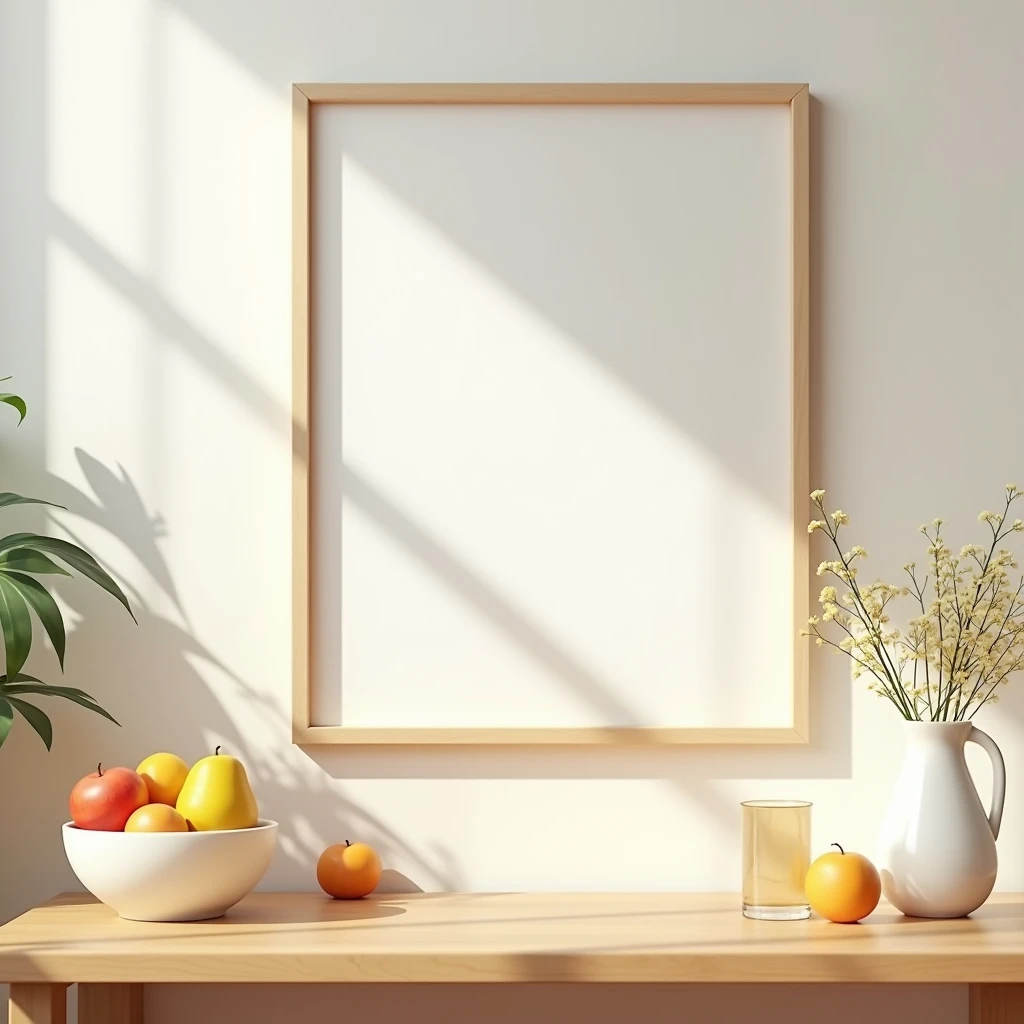 Generate a cozy kitchen or dining room scene with a DIN A ratio frame hanging on a light-colored wall. The frame has a light wooden border, and its canvas is blank and white. Below the frame is a wooden table with a bowl of fresh fruit, a glass, and a vase of flowers. The natural light filters softly into the room, highlighting the simple yet inviting decor, creating a warm and homey atmosphere