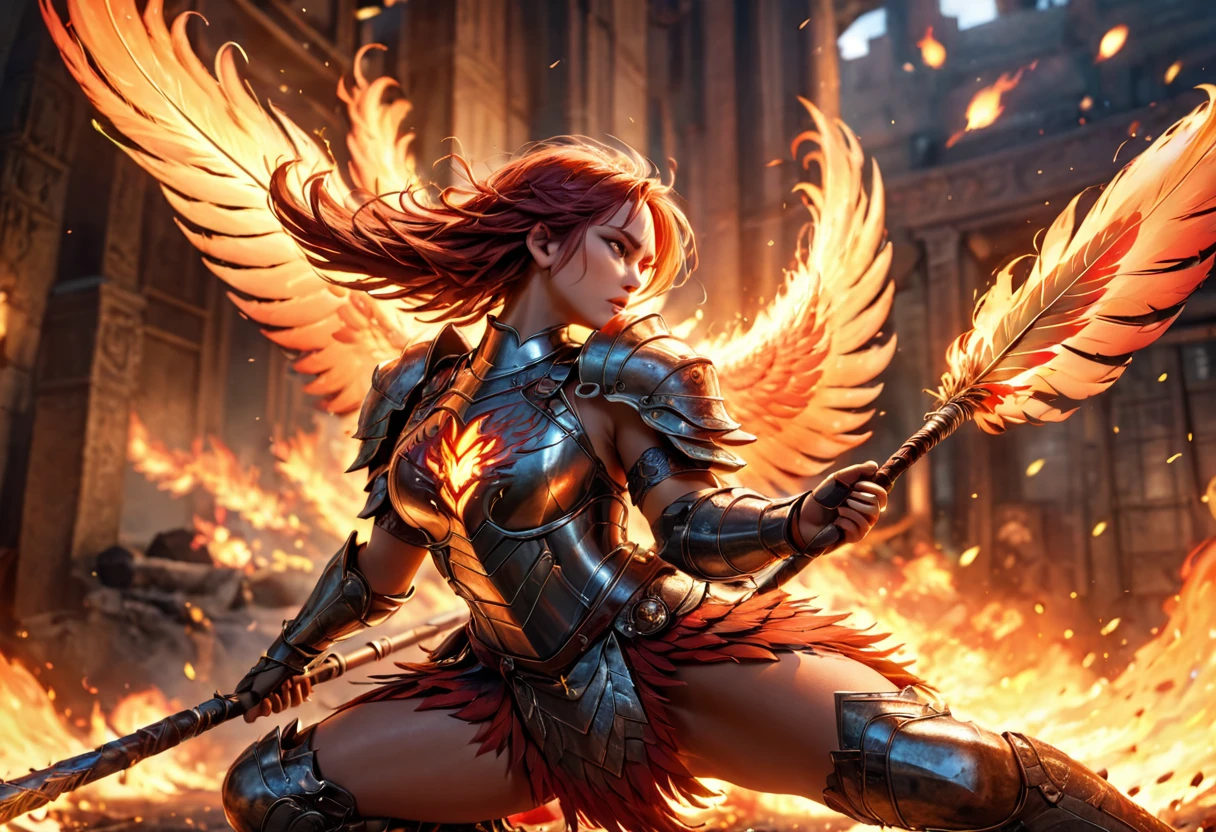 A magnificent phoenix, flaming feathers, exquisite long flaming tail feathers, phoenix breathing fire, orc war band, scrap armor, riding wargs, (best quality,4k,8k,highres,masterpiece:1.2),ultra-detailed,(realistic,photorealistic,photo-realistic:1.37),HDR,UHD,studio lighting,ultra-fine painting,sharp focus,physically-based rendering,extreme detail description,professional,vivid colors,bokeh,fantasy,epic,dramatic lighting,cinematic