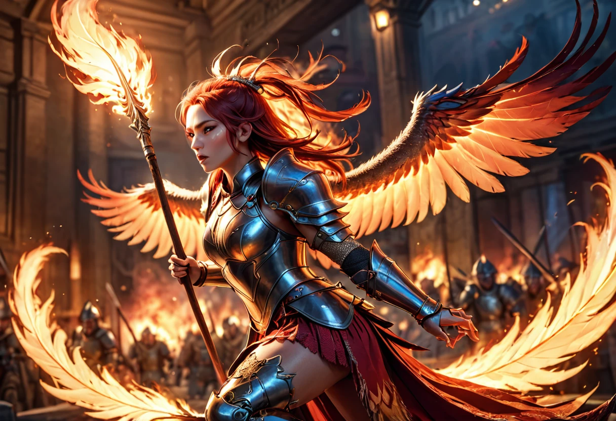 A magnificent phoenix, flaming feathers, exquisite long flaming tail feathers, phoenix breathing fire, orc war band, scrap armor, riding wargs, (best quality,4k,8k,highres,masterpiece:1.2),ultra-detailed,(realistic,photorealistic,photo-realistic:1.37),HDR,UHD,studio lighting,ultra-fine painting,sharp focus,physically-based rendering,extreme detail description,professional,vivid colors,bokeh,fantasy,epic,dramatic lighting,cinematic