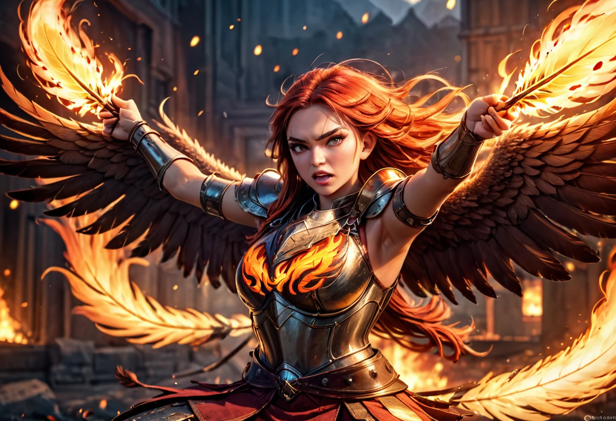 A magnificent phoenix, flaming feathers, exquisite long flaming tail feathers, phoenix breathing fire, orc war band, scrap armor, riding wargs, (best quality,4k,8k,highres,masterpiece:1.2),ultra-detailed,(realistic,photorealistic,photo-realistic:1.37),HDR,UHD,studio lighting,ultra-fine painting,sharp focus,physically-based rendering,extreme detail description,professional,vivid colors,bokeh,fantasy,epic,dramatic lighting,cinematic