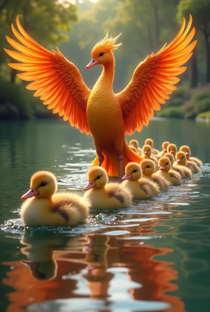 Duck parent and 10childs、並んで泳ぐ、A lovely sight、At the end of the ducklings is a flaming phoenix the same size as the ducklings.
