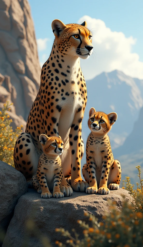 "Create a highly realistic image of a cheetah family perched on a rugged mountain landscape. The scene should include a mother cheetah, father cheetah, and two small cubs. The cheetahs should be depicted in natural poses, with detailed fur textures and expressive faces. The mountain background should feature realistic rock formations and vegetation, enhancing the authenticity of the setting."