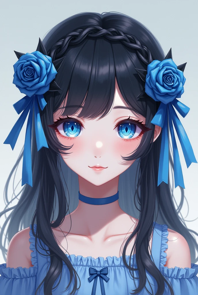 a young girl with long and fine wavy black hair, has wavy side parting bangs, with hairstyle "short braid half from the top to the ear line of the head on both sides at the top of the side of the head and let the rest of the hair below the ear line loose" with each sky blue ribbon and dark blue rose in the braid with a pleated fabric ribbon tail, has a blue ruby diamond pattern eye type like athanasia with californian coral gradation underneath has soft and smooth white skin (front facing pose)