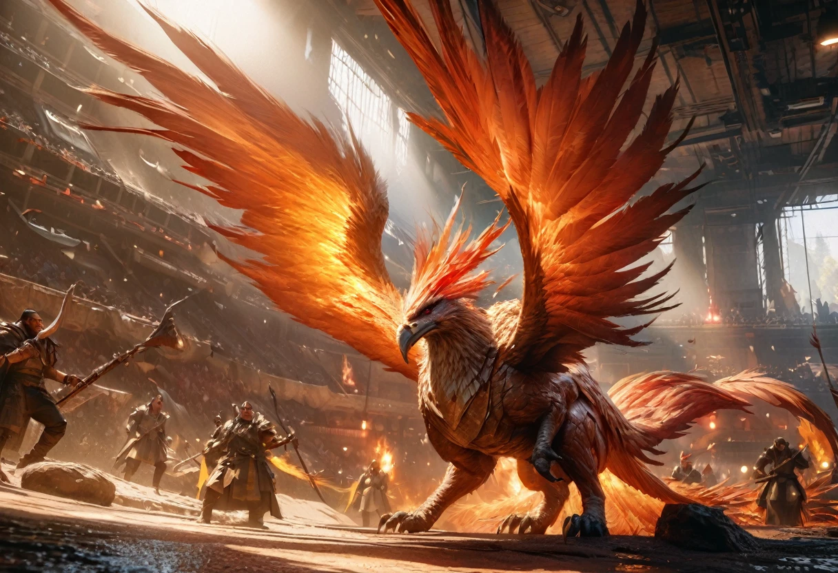 A magnificent phoenix, flaming feathers, exquisite long flaming tail feathers, phoenix breathing fire, orc war band, scrap armor, riding wargs, (best quality,4k,8k,highres,masterpiece:1.2),ultra-detailed,(realistic,photorealistic,photo-realistic:1.37),HDR,UHD,studio lighting,ultra-fine painting,sharp focus,physically-based rendering,extreme detail description,professional,vivid colors,bokeh,fantasy,epic,dramatic lighting,cinematic
