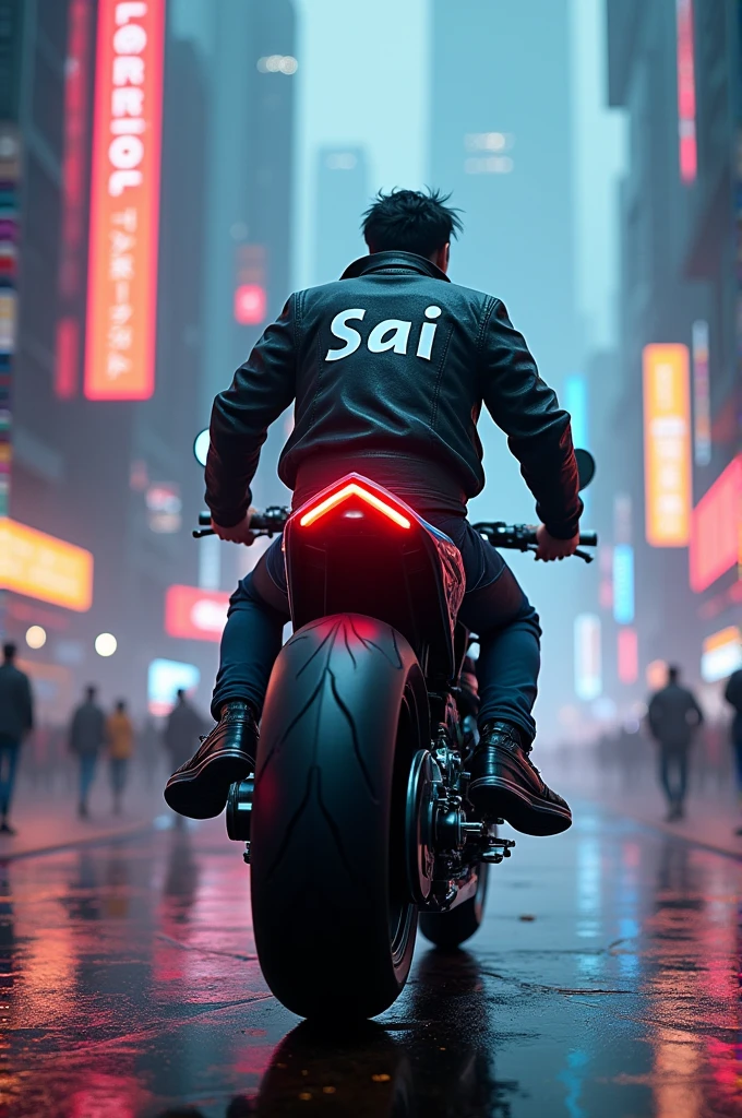 A sai a man on moter bike in cyber city bike colour is blue and red he must ware black jacket print the name "sai" back side of jacket need 360degrees view