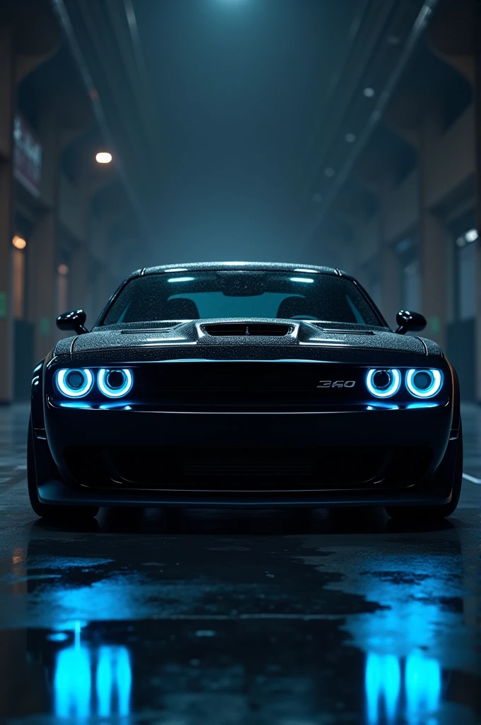 Dodge Challenger glossy black colour with black background and neon blue headlights