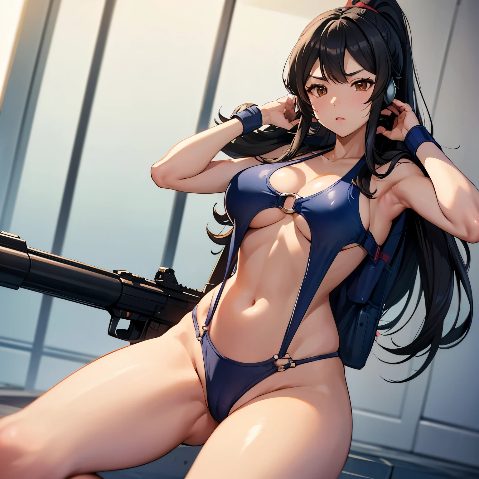 Imperial Guard Combat Uniform Swimsuit, o-ring bikini, v gundam, swimsuit, absurdres, highres, solo, cowboy shot, 1girl, neneka nibrou \(cosplay\), wristband, headphone, holster, backpack, holding gun, aiming, perfect hands, wind, (highres,best_quality,masterpiece), large breast, huge breast, sae chabashira, long hair, (black hair:1.5), hair ornament, (brown eyes:1.3), ponytail, hairclip, mature