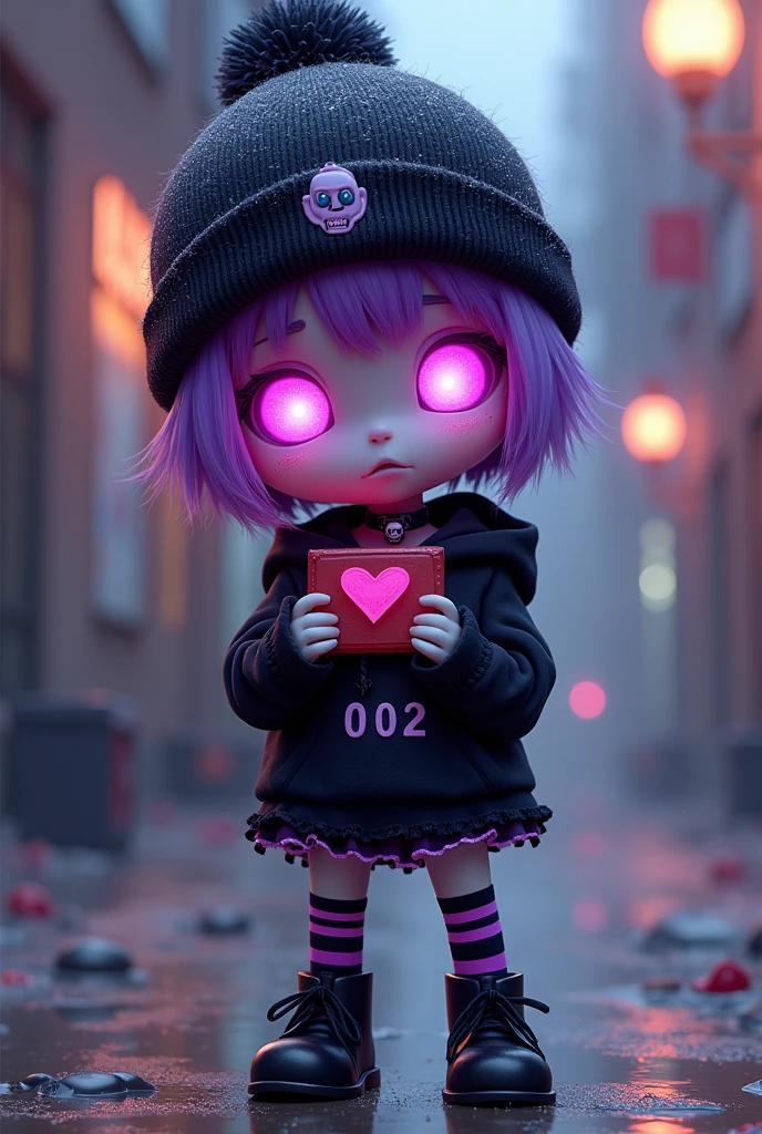 (Robot) teenager. Murder Drones. Drones have two bright eyes on their black visor that emotes. Under some circumstances, their eyes can be overridden by an error, status warning, or system message. Teenager Robot Uzi takes on the appearance of a short Worker Drone with neon purple and magenta eyes and short, white skin, dull purple hair. She wears a black striped beanie with a glittery bobble at the tip, and black boots with long, dark purple striped socks. She also wears a black hoodie with a white emblem on the front depicting a battery with two bones going across it, creating an "X" shape. The bottom of the hoodie has two white stripes wrapping around it, and the left sleeve has a white radioactive symbol on it. Beneath her hoodie is a short, frilly, black skirt. She also has a black choker around her neck with a skull and the number "002" on it. She is alone and blushes and shyly looks at you with Hearts in her eyes holding valentines chocolate. 