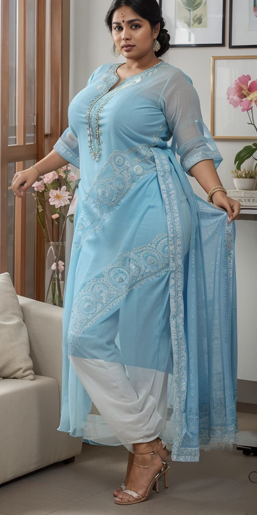 Day scene, A radiant, full-figured South Indian 3 aunty a light blue colour chiffon fully transparent kurta, bra visible through kurta, ,standing, in a office captured in a full-body image with vibrant hues and meticulous details. Full body image