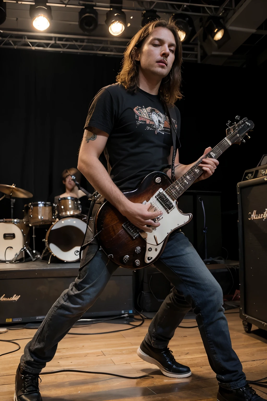 Photorealistic of a rock musician man with a les paul guitar on stage with pedal board and marshall amplifier
