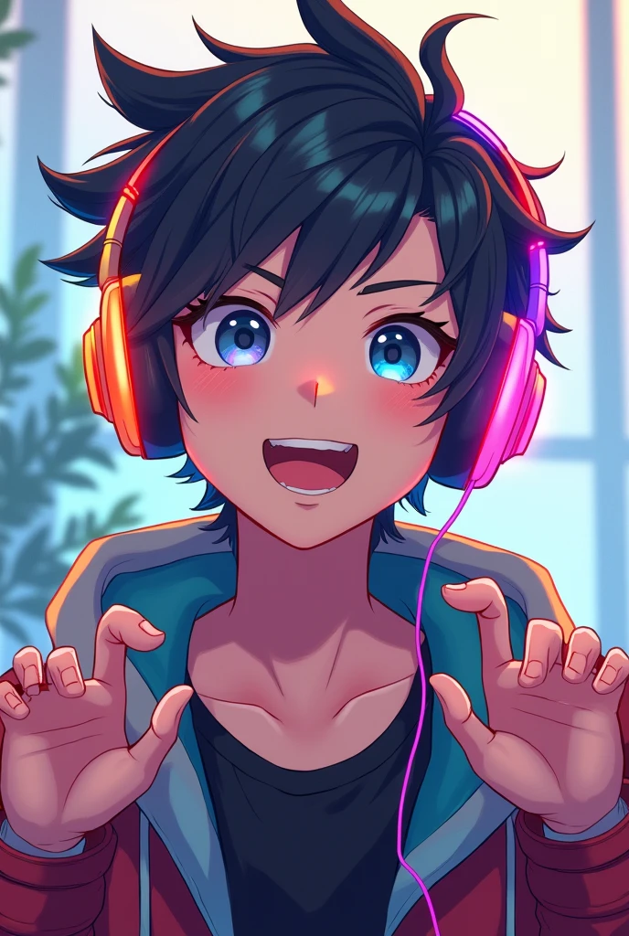 Generate me an avatar (man) anime style that is colorful and has headphones, generalize it up to the waist, that his hands can be seen