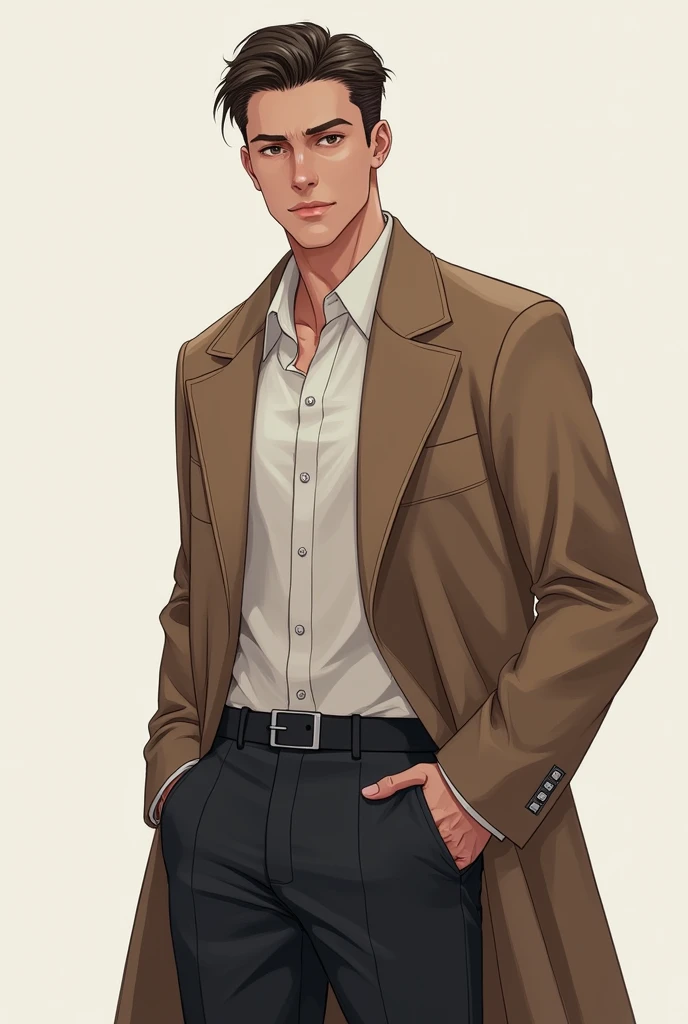 The character must be male with shorter hair, remove the belt and collar and leave the coat looser, no buttons