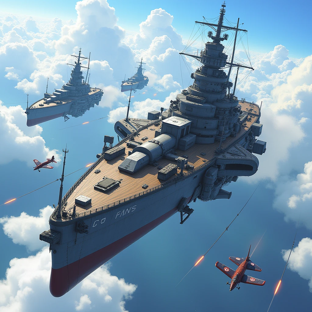 (Highest quality,Extremely detailed depiction,Incredible high resolution),Flying Battleships:1.3,Armamentした飛行船,Goliath,propeller:1.3,Main gun:1.3,Armament,plane,explosion,Main gun発射,Dragon,background:Aerial,The world of steampunk,High quality anime drawings