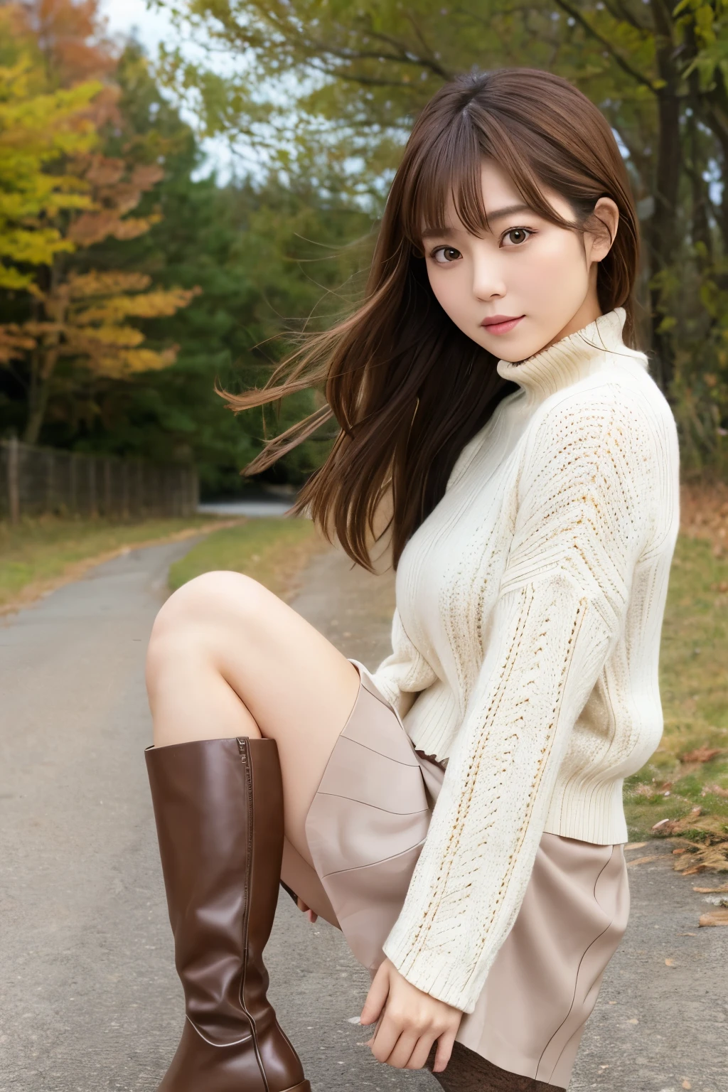 Similar to Japanese actress Kyoko Fukada Japanese woman, 2。My hair is blowing lightly in the wind、Brown Hair Big eyes、Glossy lips Fair skin Moisturized skin Mini skirt and long boots VWhite knitted neck