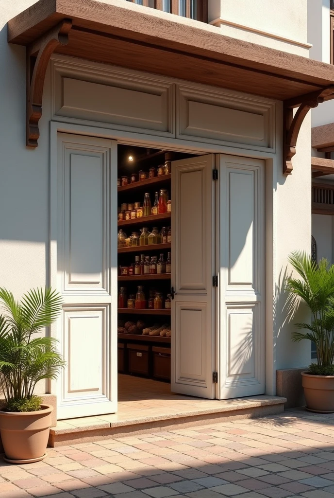 Old traditional Indian Grocery Shop With full length White oil painted Wooden foldable multiple doors 