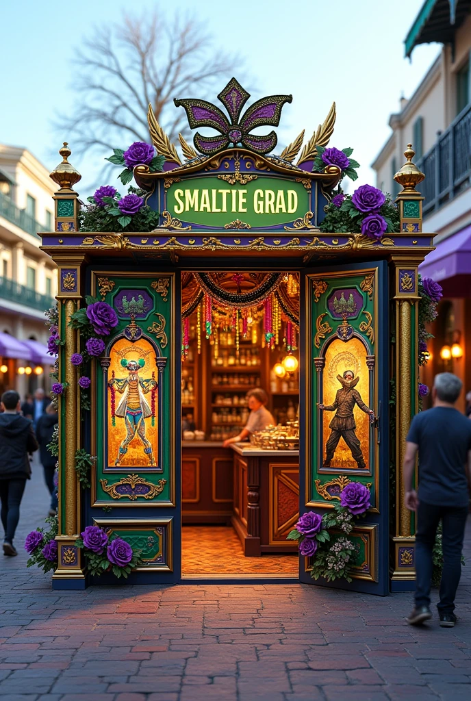 A stand or kiosk with a Mardi Gras New Orleans theme, only with open book-type walls, 3 meters long and 1 meter high..5 meters wide and 2.45 tall make me like a mardi gras festival display