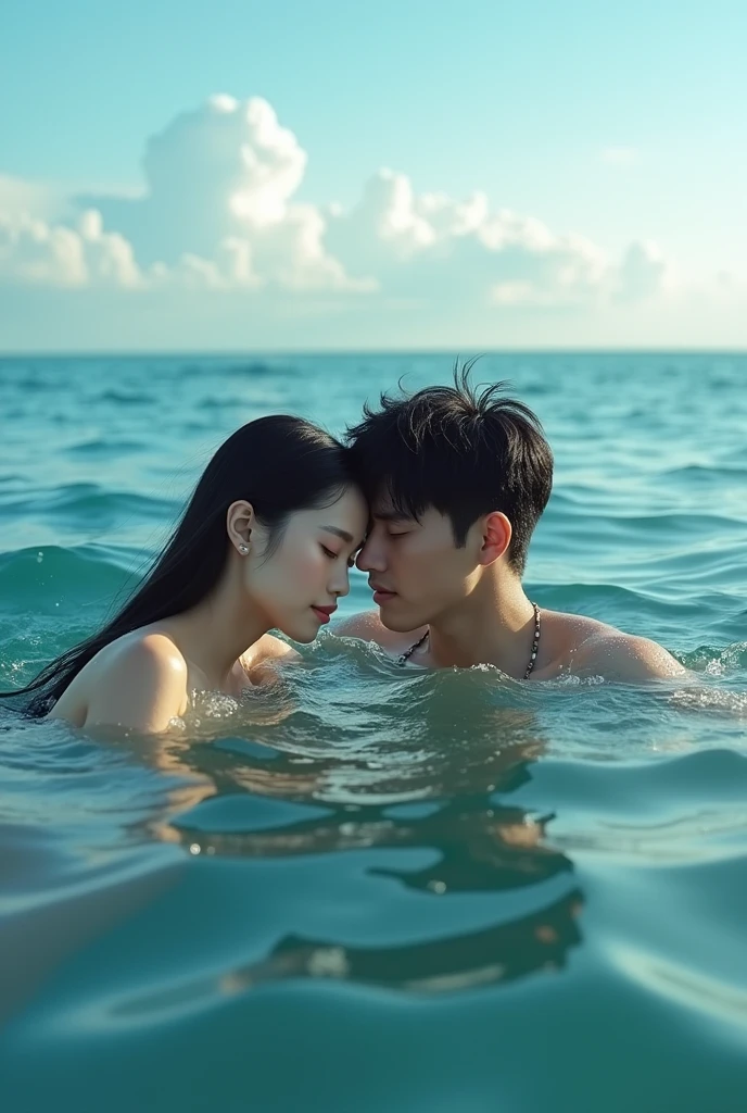 A picture containing the singer Jennie and the singer jonkok in the sea