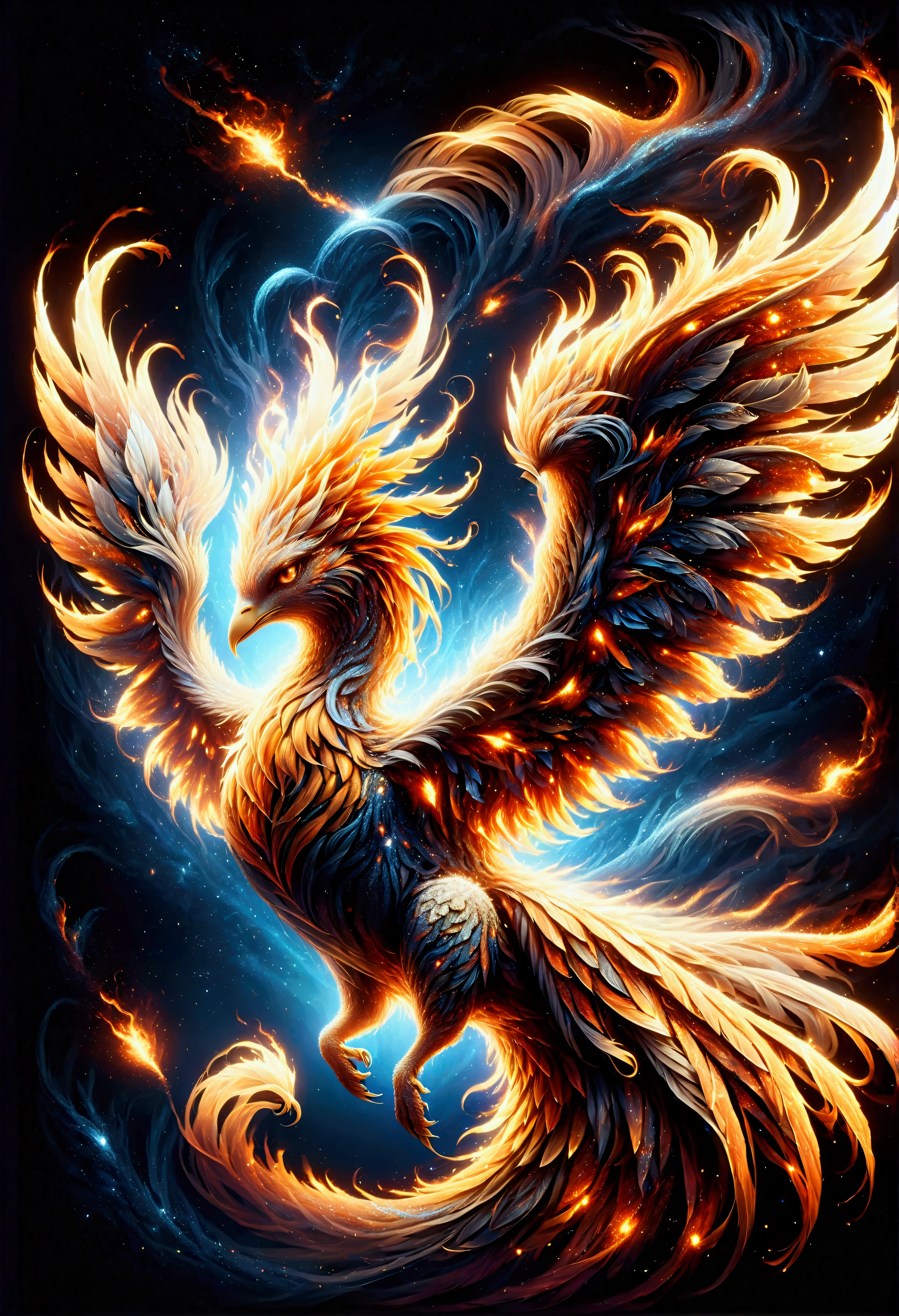 Illustration of a flaming phoenix flying through the night sky, burning phoenix, flying backwards scattering particles of flame, dark fantasy, high contrast, shimmering, shining, gracefully spreading wings, (mystical atmosphere), finely detailed phoenix wings, body outlined in red. painted in orange, Vivid contrast, accurate detail, high detail, shining contours, precision, high-quality oil painting, stunningly beautiful touch rendering, ral-glitter, DonMF1r3 fire emotion