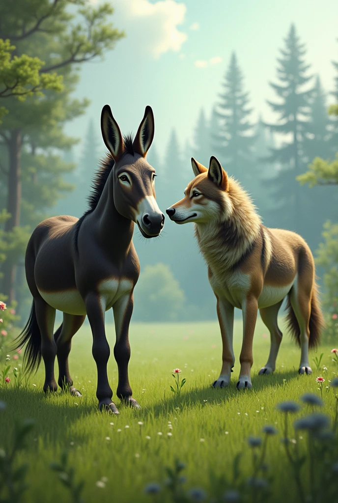 A donkey and a wolf stand together on a lawn and look at each other