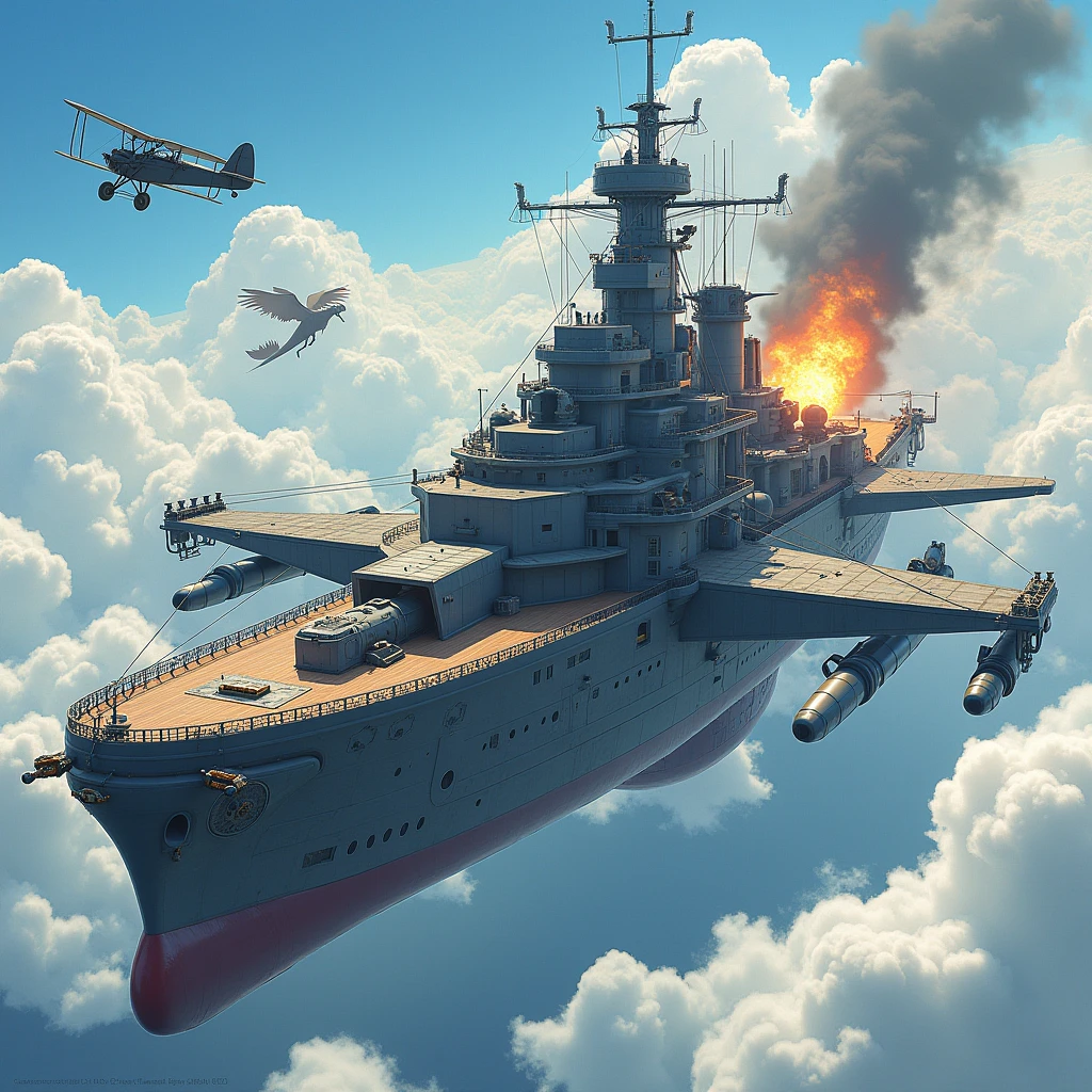 (Highest quality,Extremely detailed depiction,Incredible high resolution),Aerial戦艦:1.3,Flying Battleship,Goliath,propeller:1.3,Main gun,plane,explosion,Main gun発射,Dragon,background:Aerial,The world of steampunk,High quality anime drawings