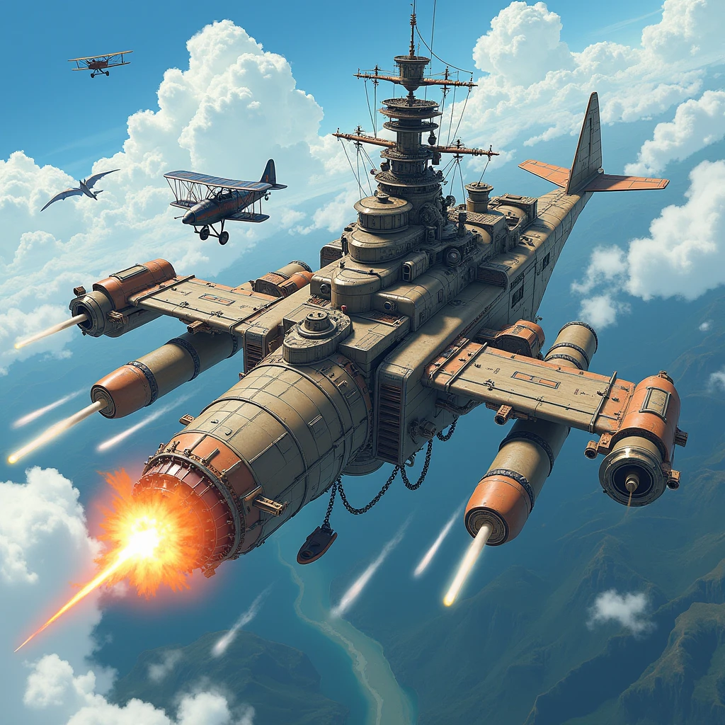 (Highest quality,Extremely detailed depiction,Incredible high resolution),Aerial戦艦:1.3,Flying Battleship,Goliath,propeller:1.3,Main gun,plane,explosion,Main gun発射,Dragon,background:Aerial,The world of steampunk,High quality anime drawings