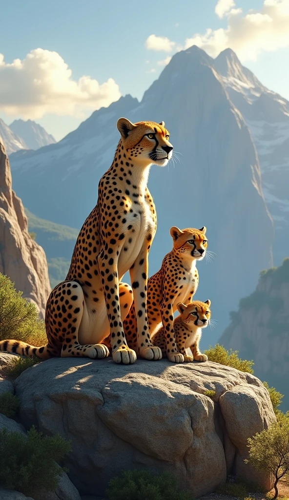 "Create a highly realistic image of a cheetah family perched on a rugged mountain landscape. The scene should include a mother cheetah, father cheetah, and two small cubs. The cheetahs should be depicted in natural poses, with detailed fur textures and expressive faces. The mountain background should feature realistic rock formations and vegetation, enhancing the authenticity of the setting."