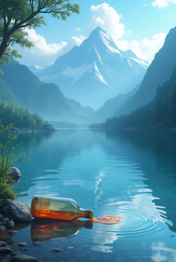 an elixir bottle spilled on the edge of a lake surrounded by mountains. the elixir in the bottle flows into the lake. makoto shinkai background style