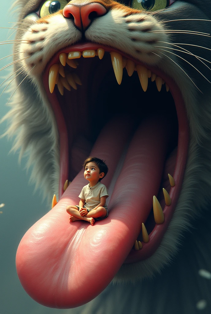A kid sitting on the top of a cats tongue with his legs ween it