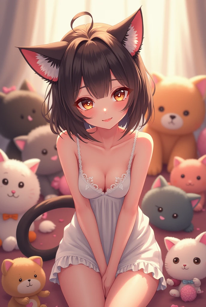 Design an anime girl with cat ears that is cute but sexy and in the background is surrounded by stuffed animals